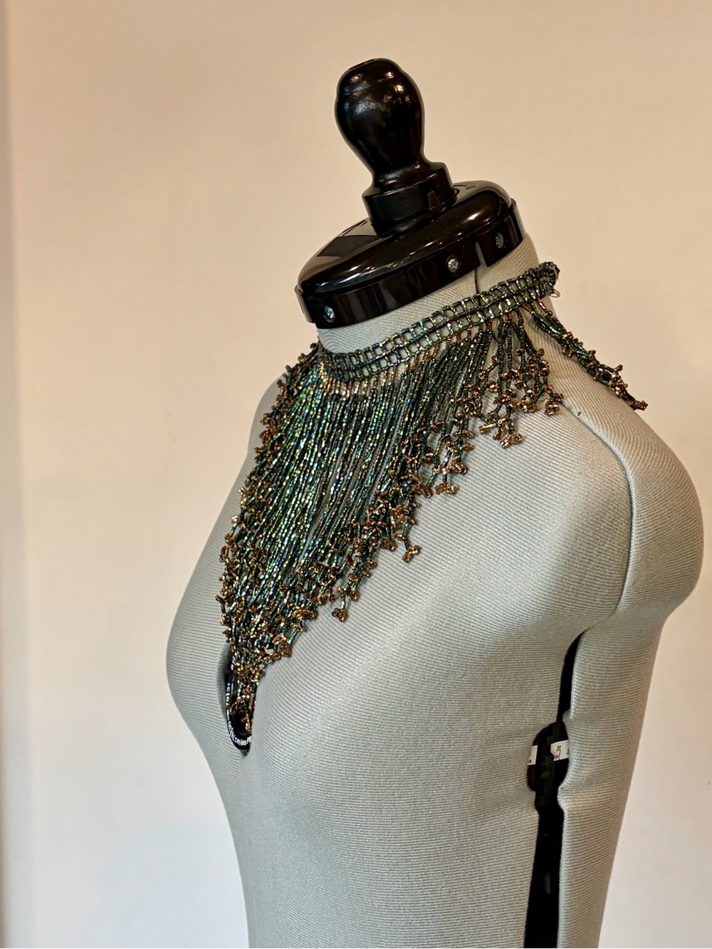 Handcrafted Iridescent Beaded Fringe Collar Necklace, green/gold, EUC - Picture 4 of 12